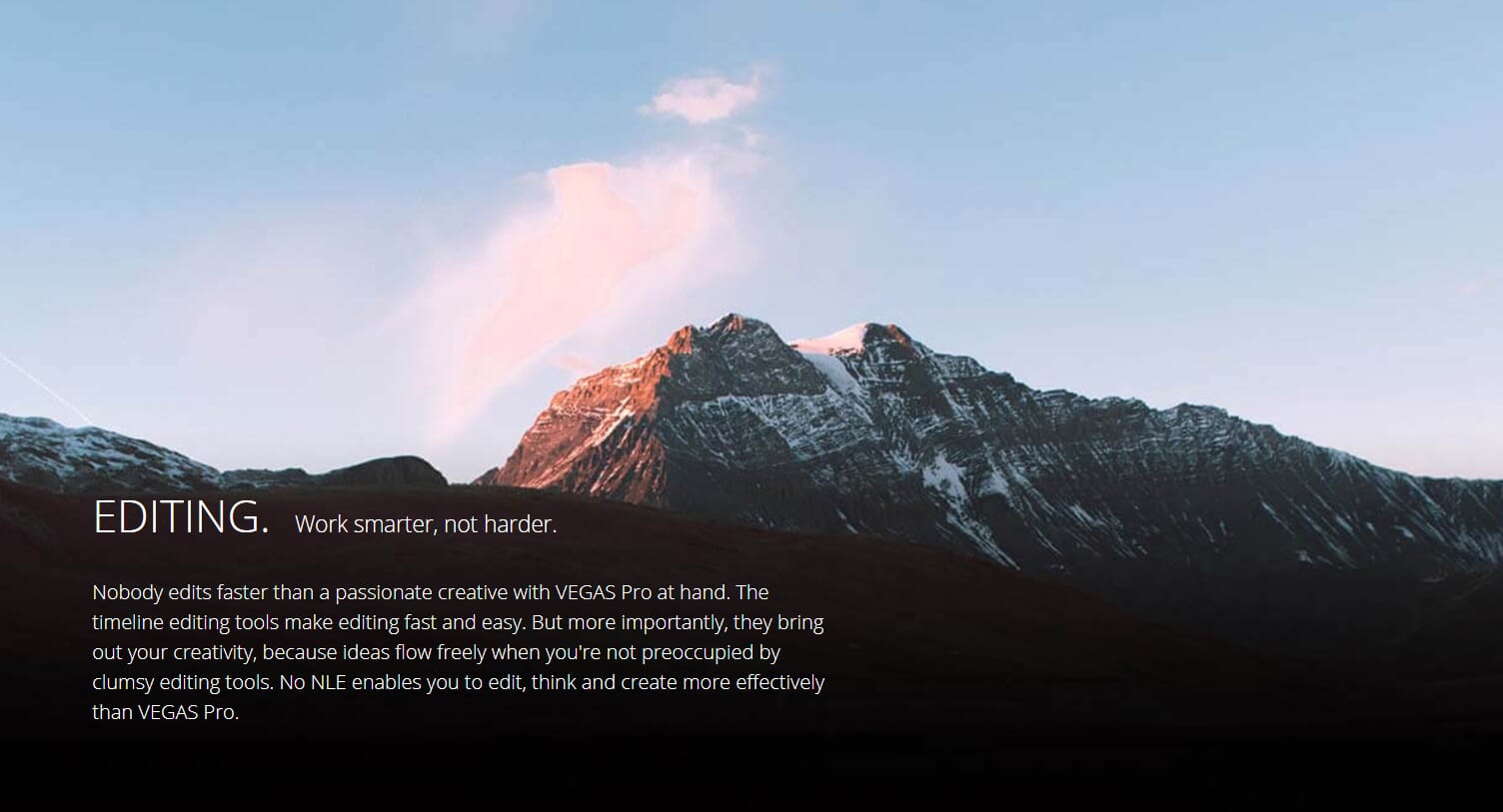 VEGAS Pro drone video editor website with message, "Work smarter, not harder."