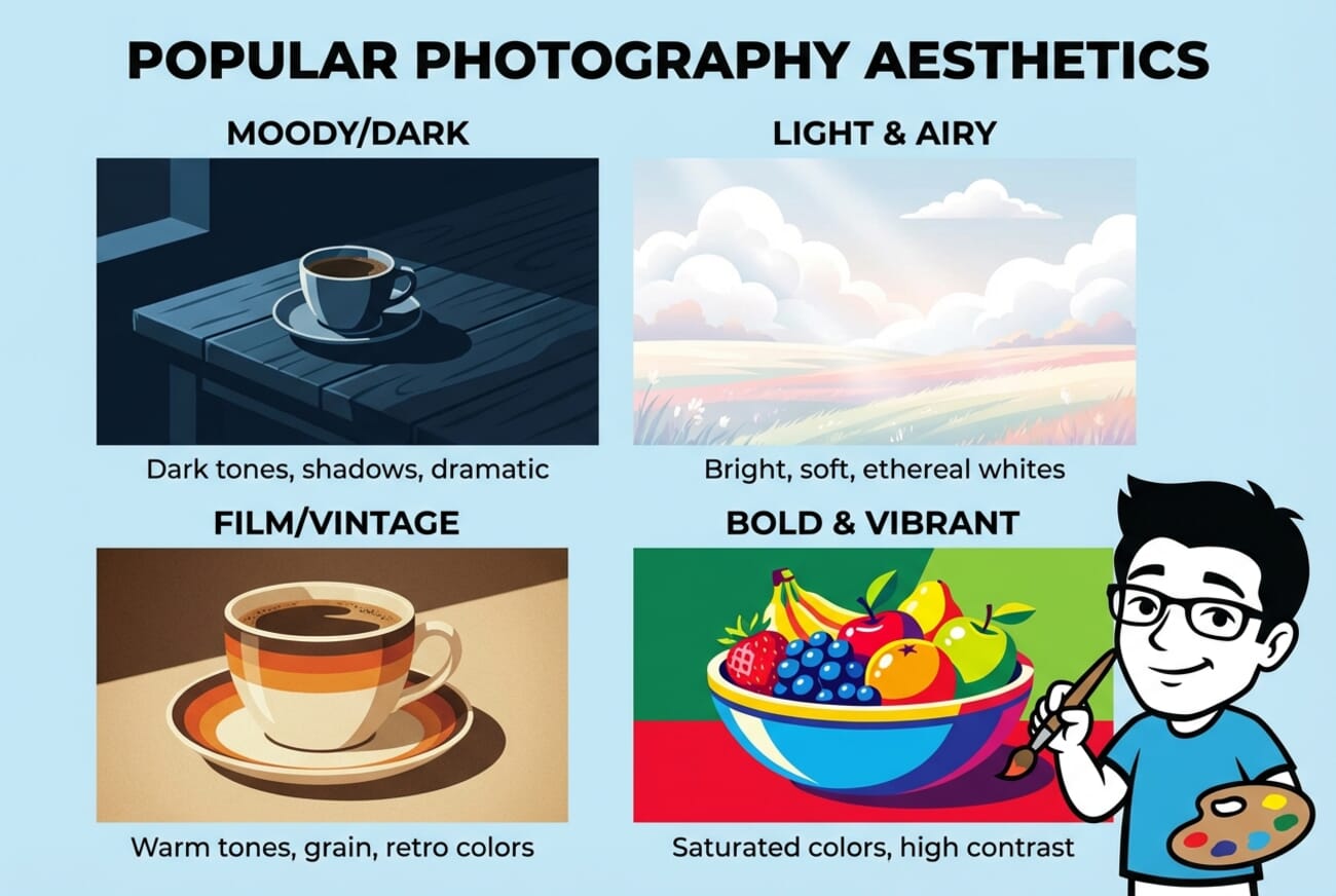Popular photography aesthetics infographic showing moody dark, light and airy, film vintage, and bold vibrant styles