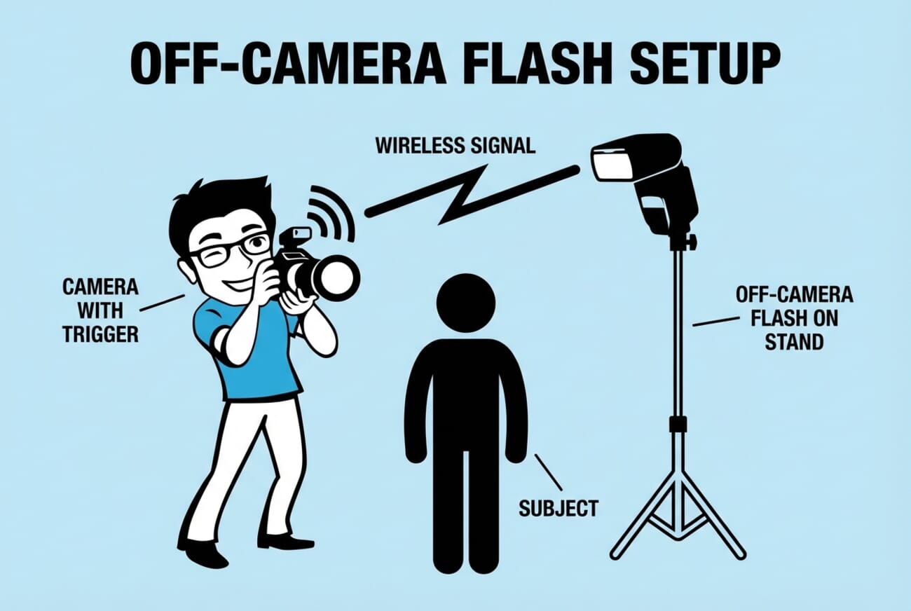 Off-camera flash setup diagram showing camera with wireless trigger, subject, and flash on stand