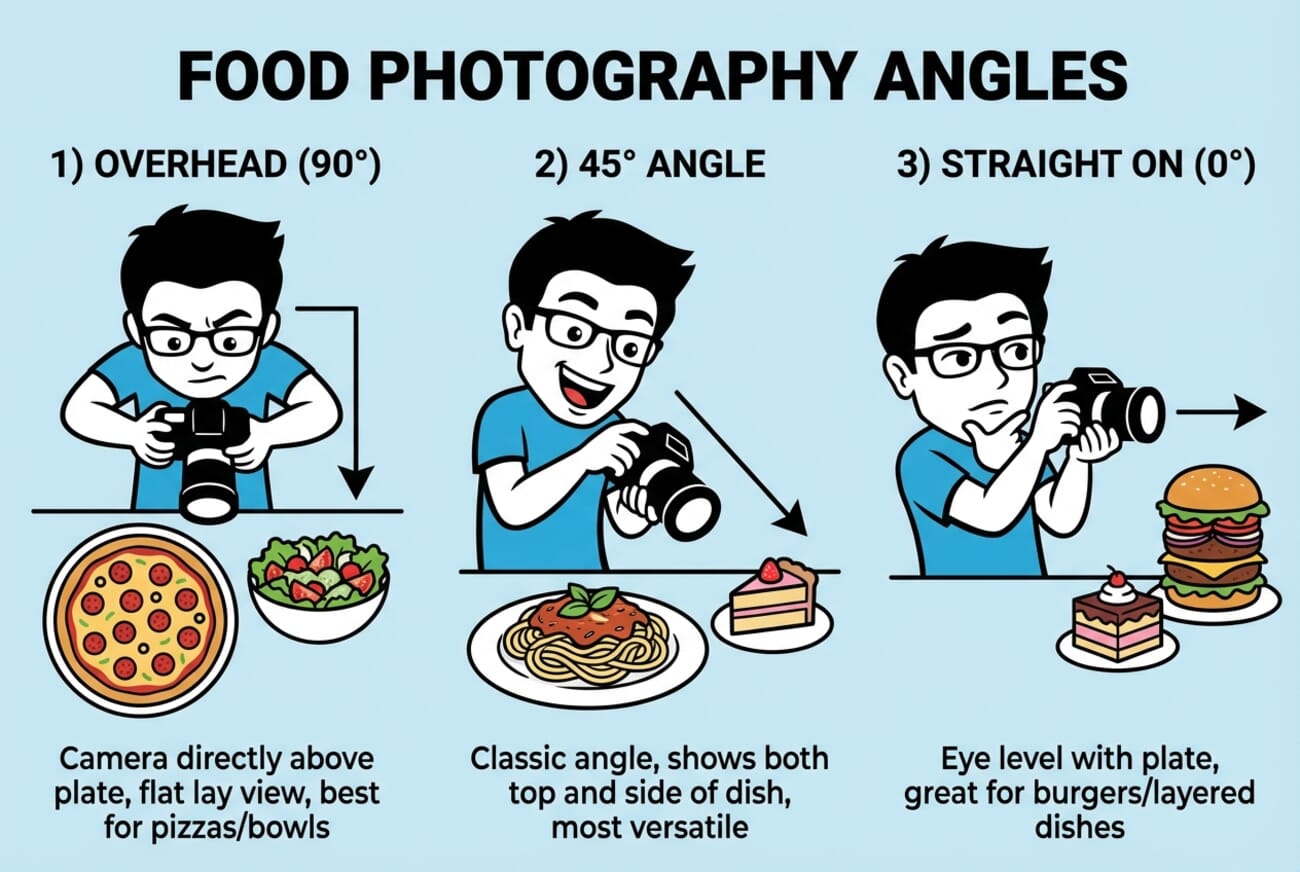 Food photography angles infographic showing overhead 90-degree, 45-degree, and straight-on angles with example dishes