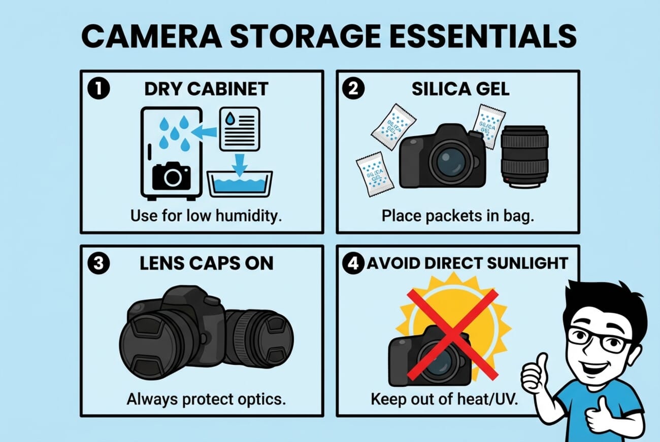 Camera storage essentials infographic showing dry cabinet, silica gel, lens caps, and avoiding direct sunlight