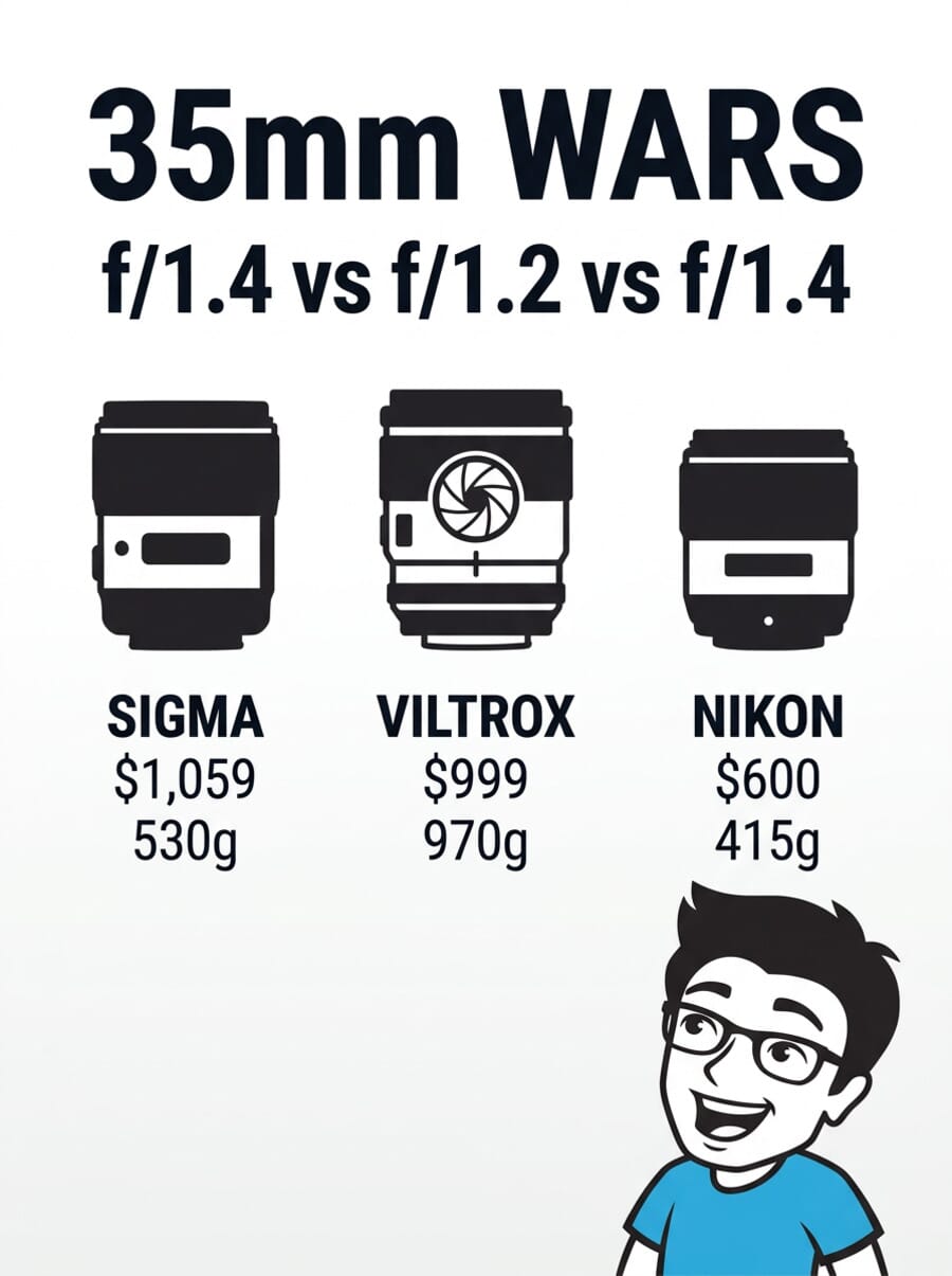 35mm lens wars comparison infographic showing Sigma, Viltrox, and Nikon specs side by side