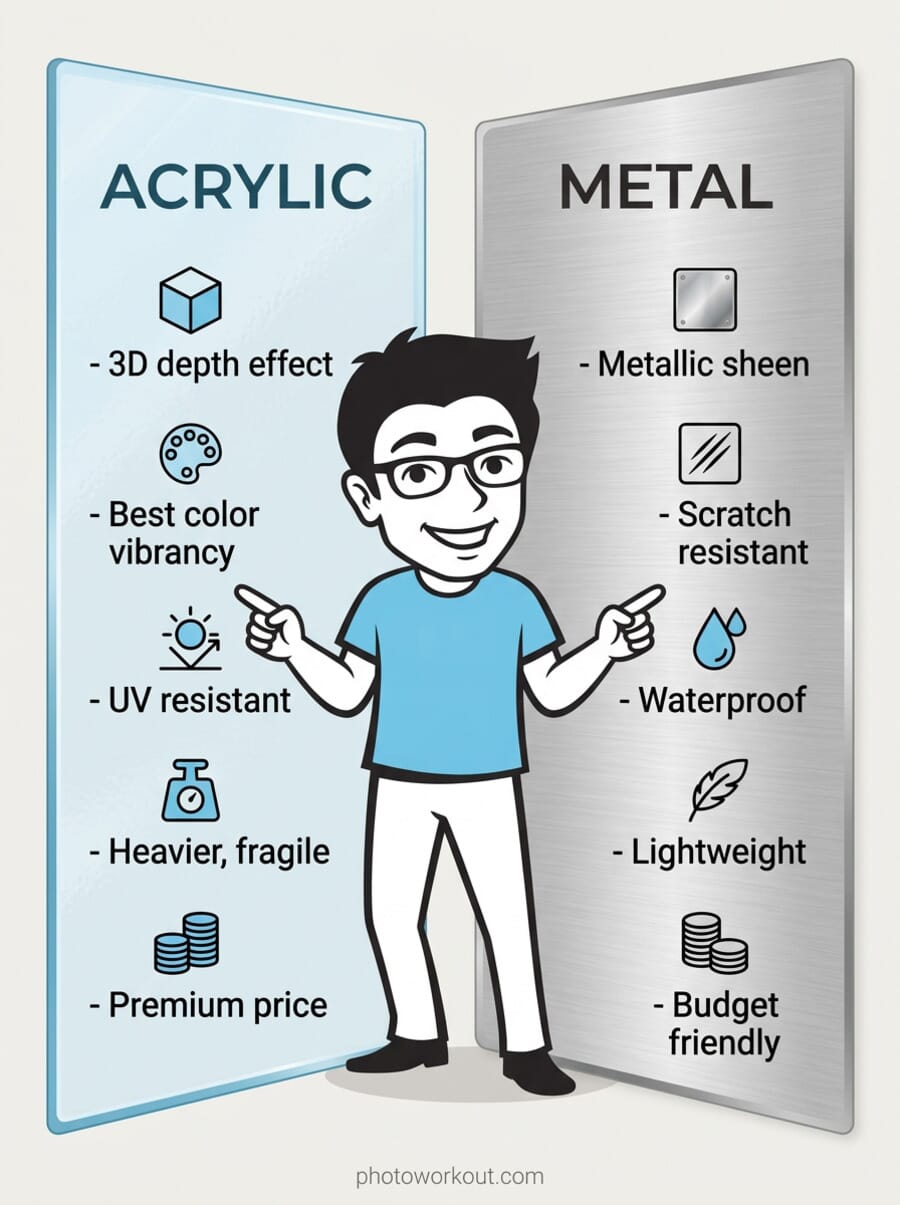 Infographic comparing acrylic prints versus metal prints across key factors