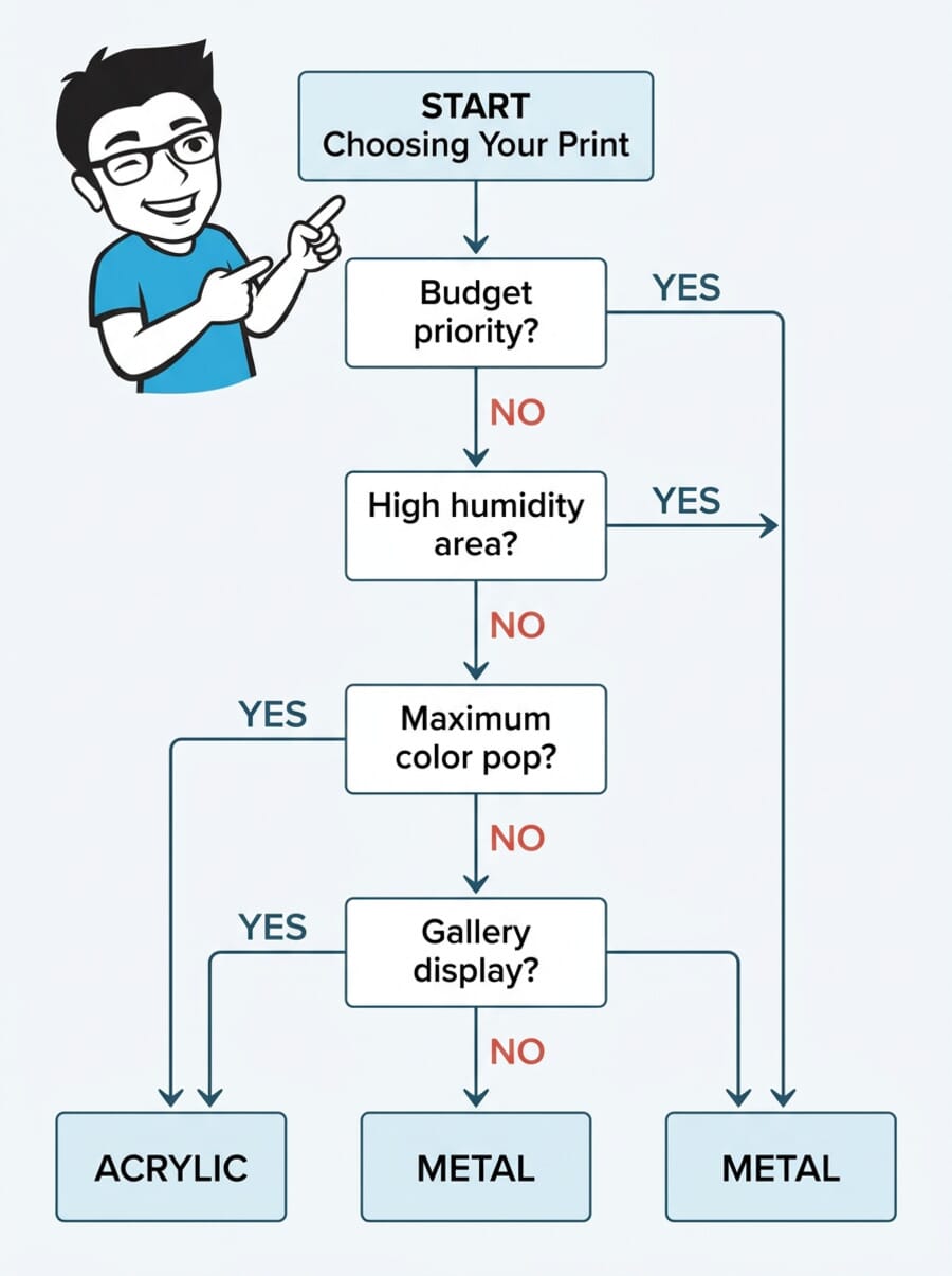 Decision flowchart for choosing between acrylic and metal photo prints
