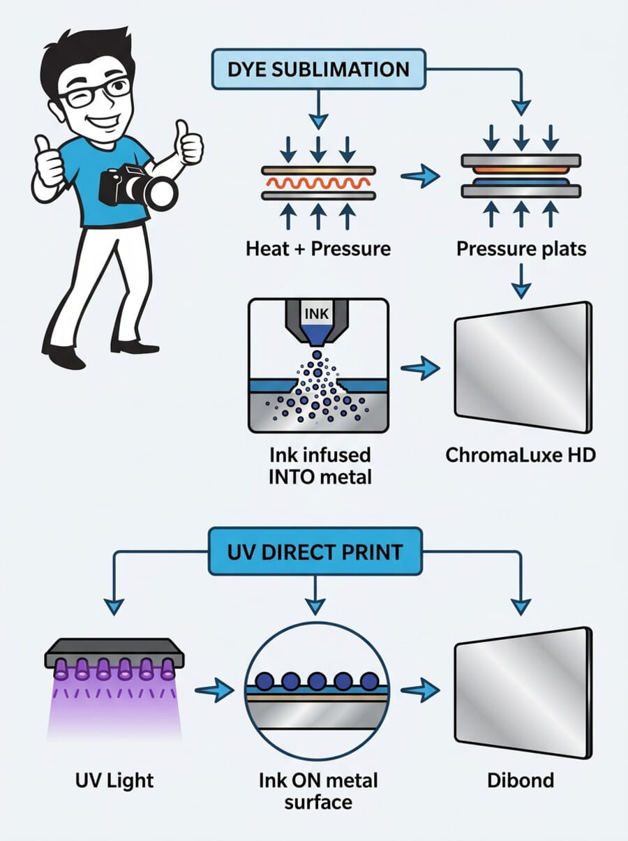 Infographic comparing dye sublimation and UV direct printing methods for metal photo prints