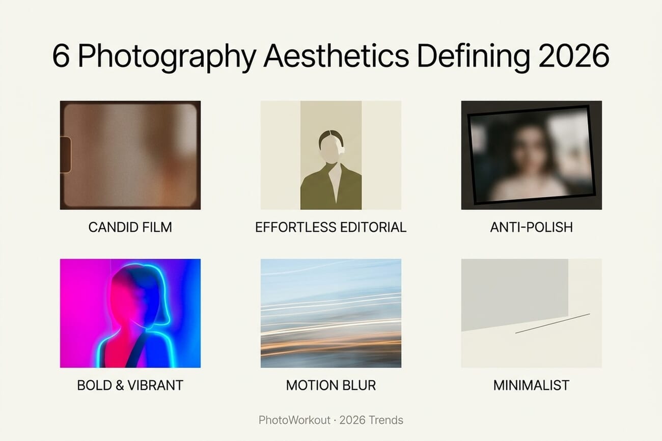 Six photography aesthetics defining 2026 — candid film, effortless editorial, anti-polish, bold vibrant, motion blur, minimalist