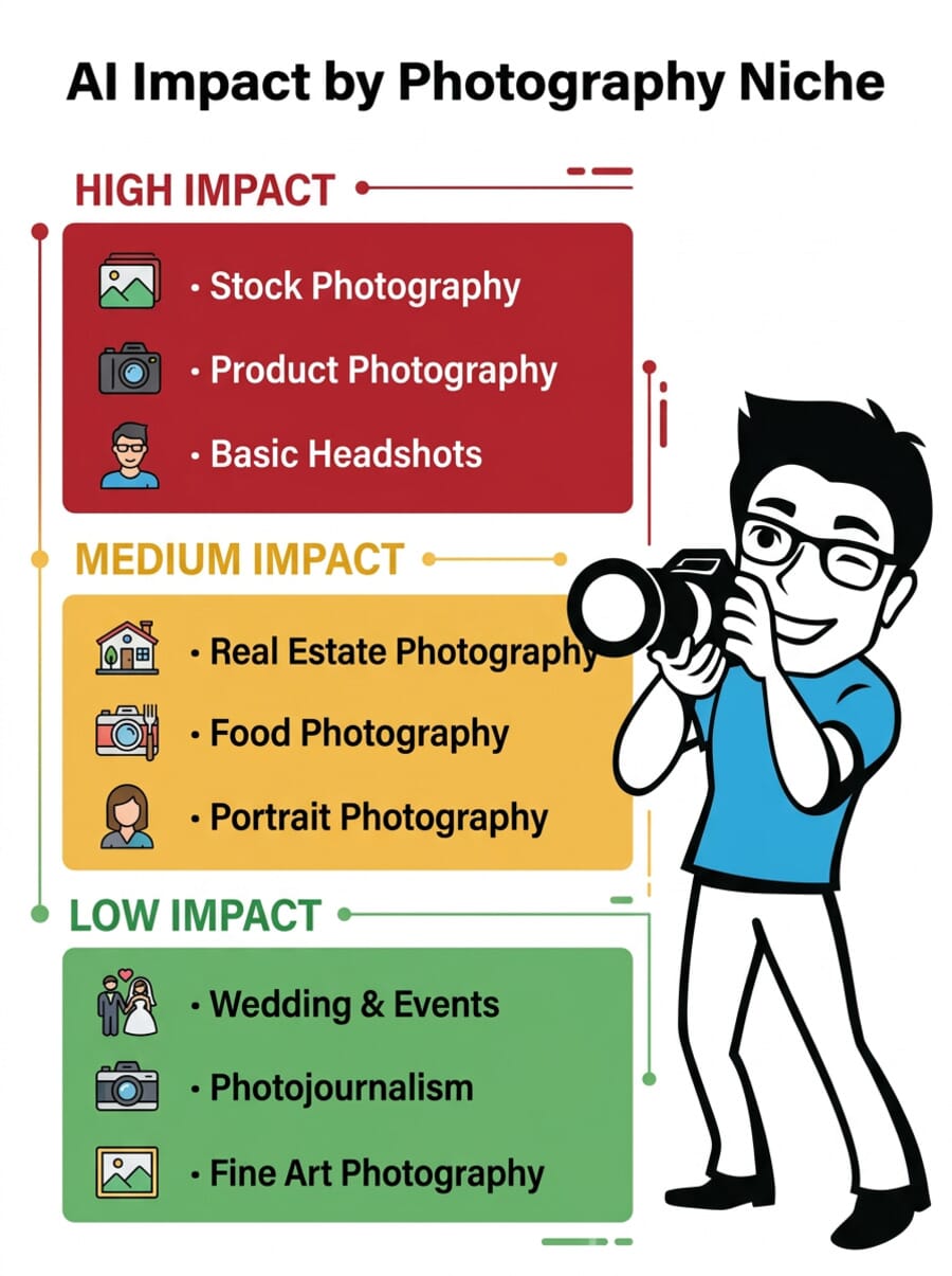 Infographic showing AI impact levels across photography niches — stock photography and headshots face high disruption, weddings and fine art face low disruption