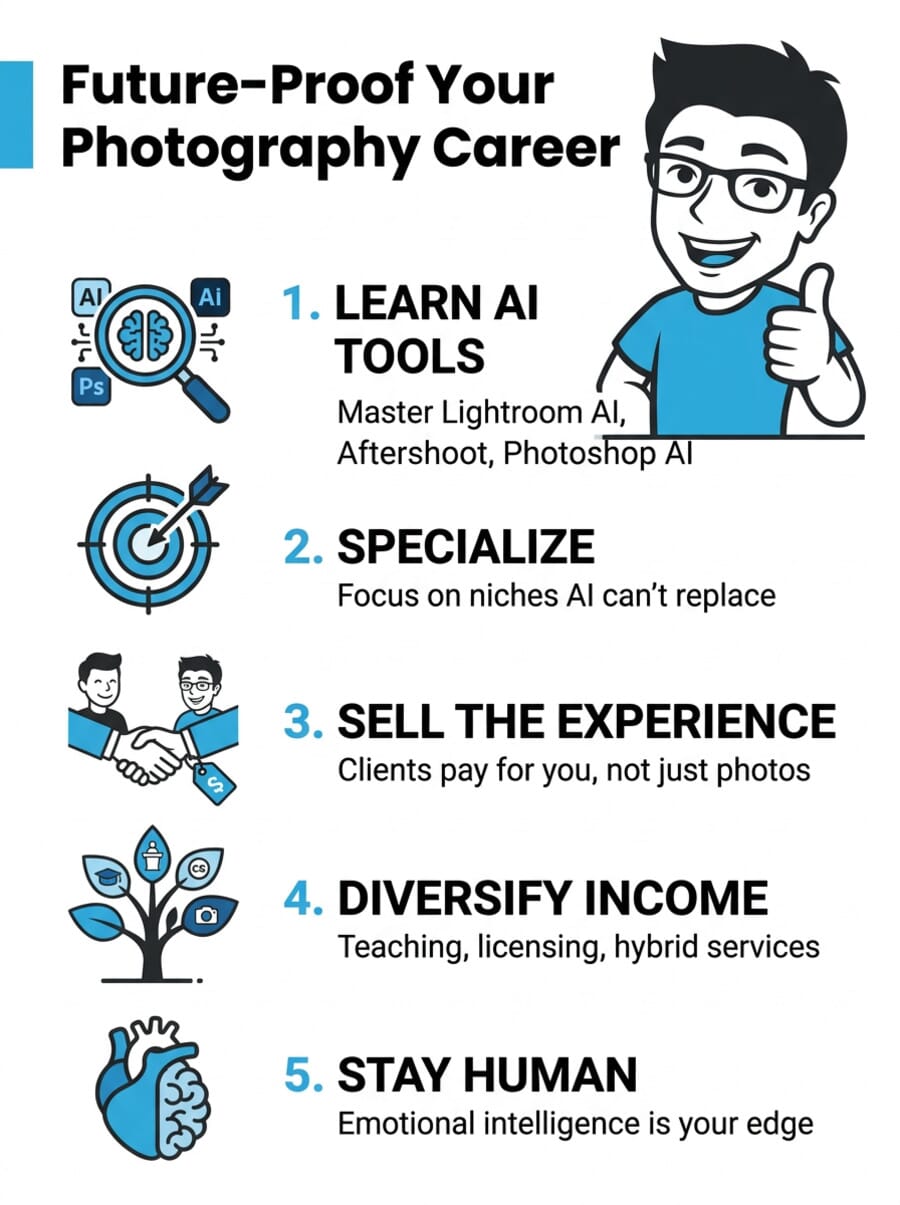 Infographic showing 5 steps to future-proof your photography career — learn AI tools, specialize, sell the experience, diversify income, stay human