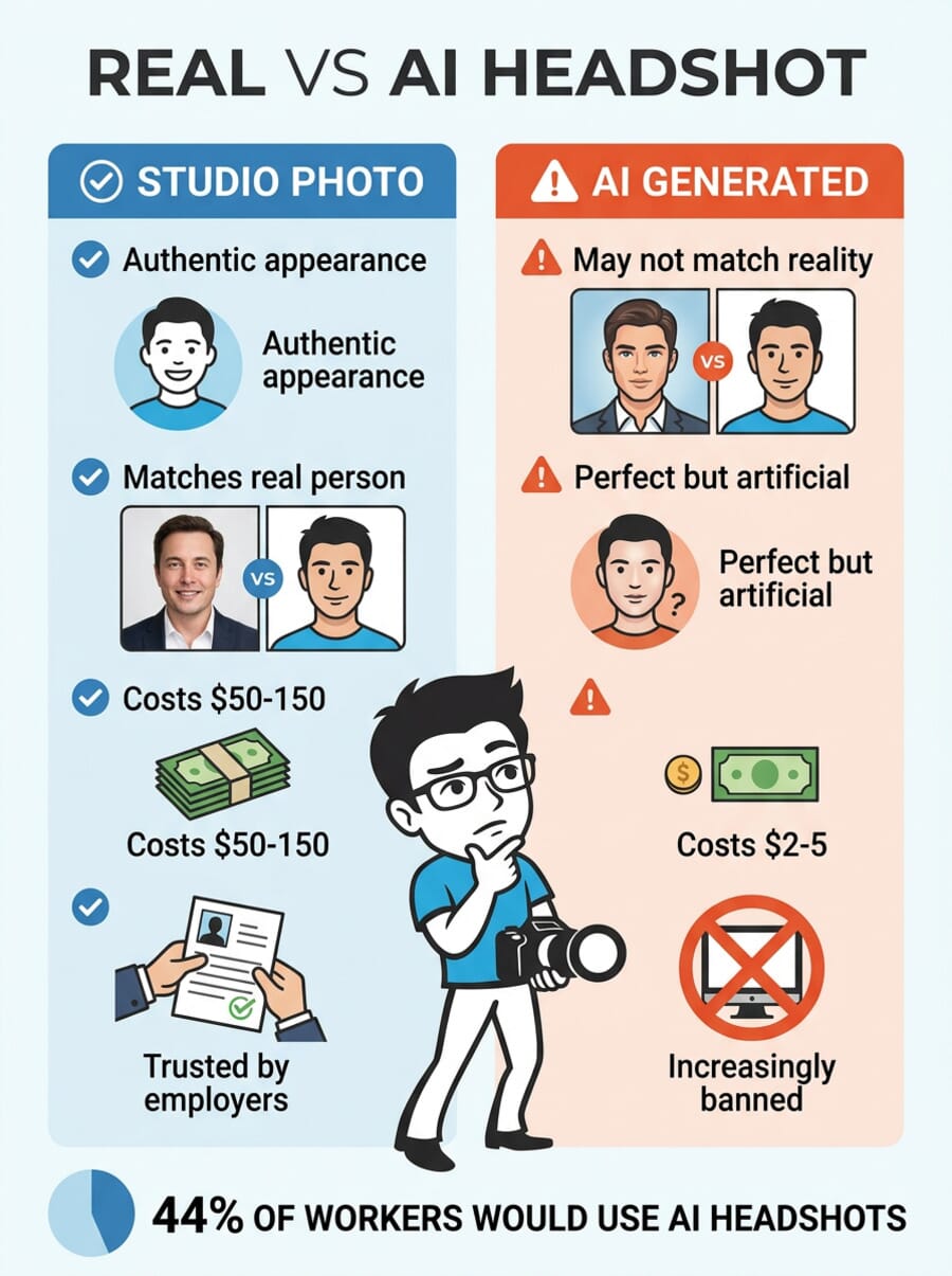 Infographic comparing real studio headshots vs AI-generated headshots - cost, authenticity, and employer trust