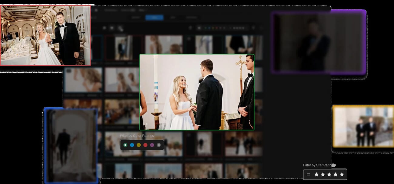 Aftershoot AI culling dashboard with color-coded ratings for automated photo selection
