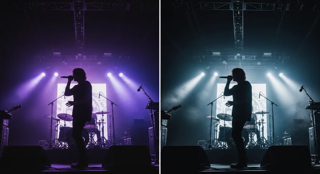 Before and after comparison showing grainy concert photo cleaned up with AI noise reduction