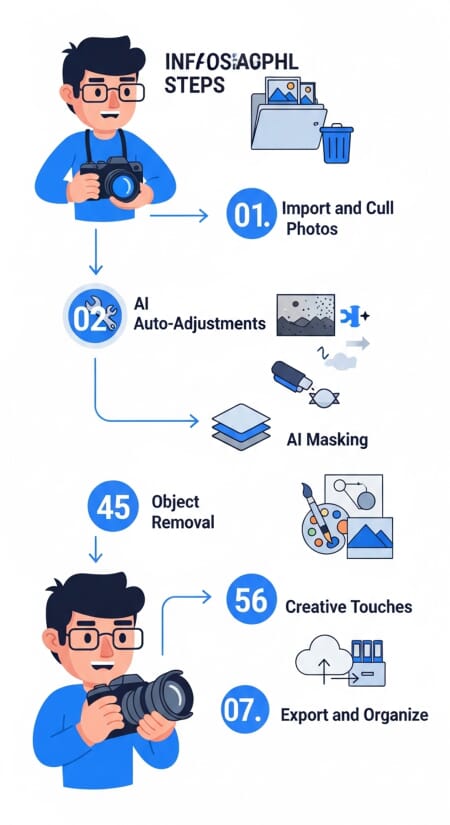7-step AI photo editing workflow infographic with PhotoWorkout mascot
