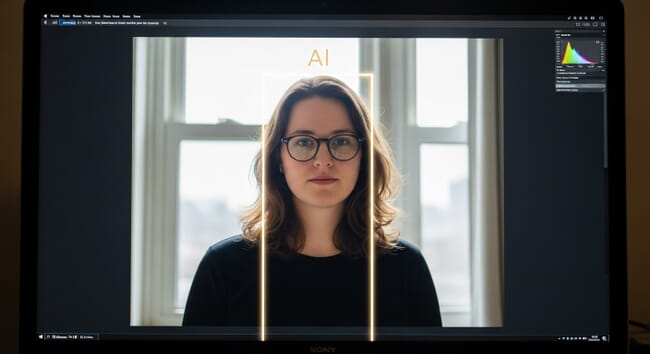 Portrait photo showing AI selection overlay with glowing outline around subject