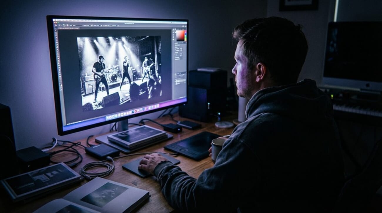 Lightroom Mobile editing interface showing AI-powered photo adjustments on a tablet