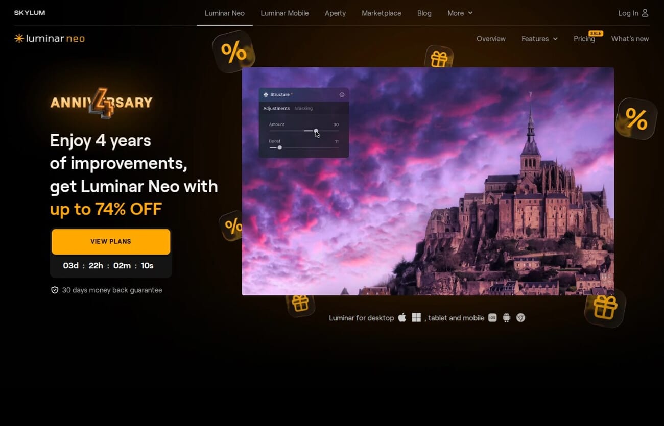 Luminar Neo editing interface showing AI sky replacement and creative editing tools