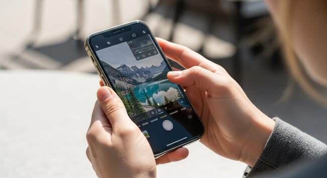 Hands holding smartphone with landscape photo editing interface visible on screen