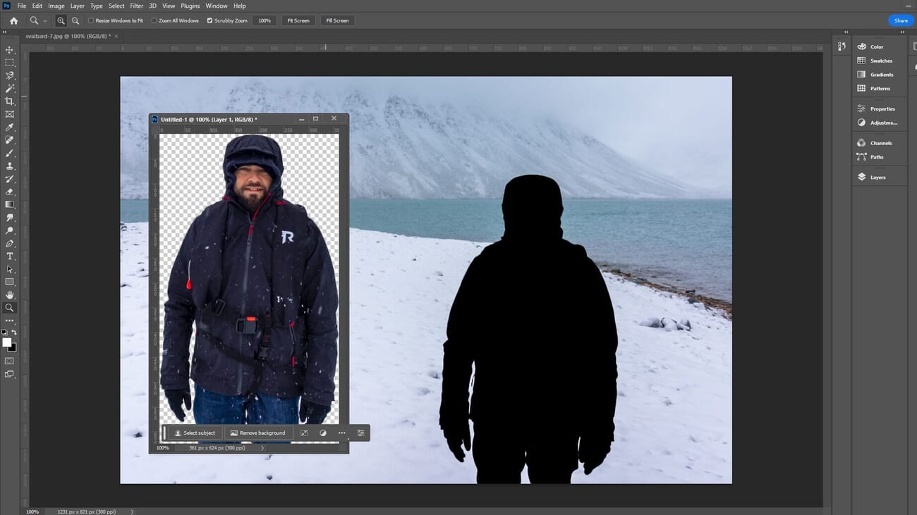 Adobe Photoshop editing interface showing layers panel and AI-powered editing tools