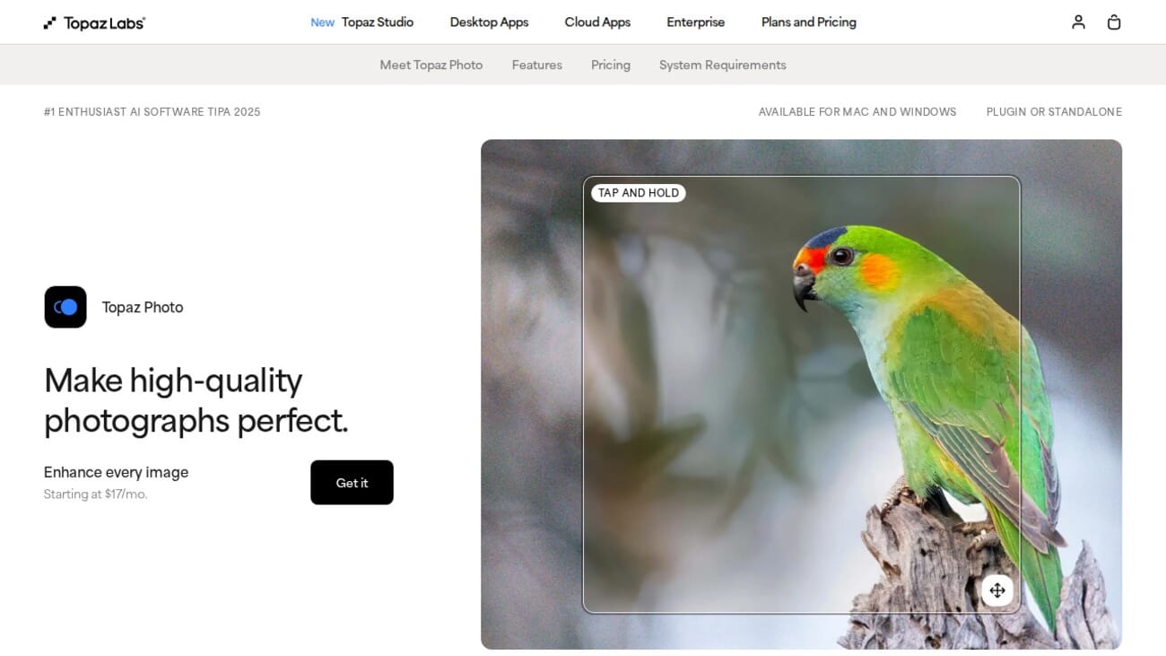 Topaz Photo AI interface showing noise reduction and sharpening controls with before and after preview