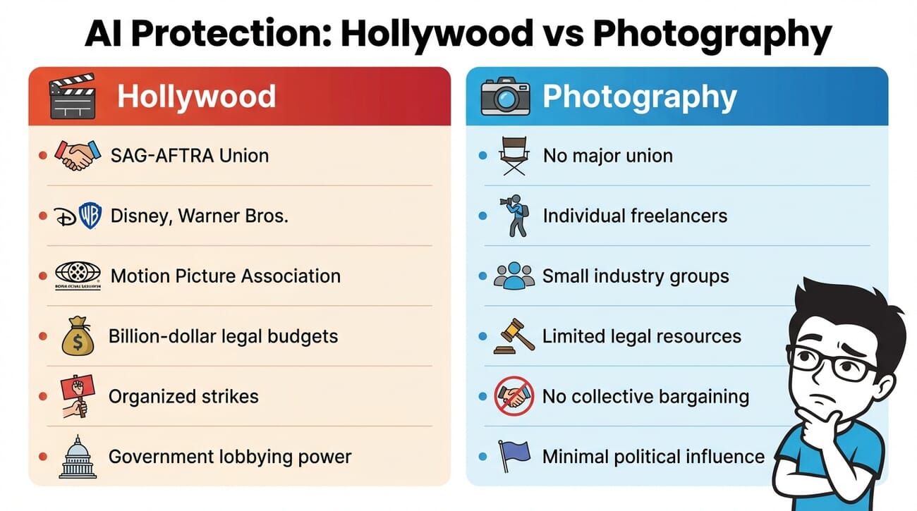 Infographic comparing AI protection resources: Hollywood has SAG-AFTRA, studios, and billion-dollar budgets while photography has individual freelancers and limited resources
