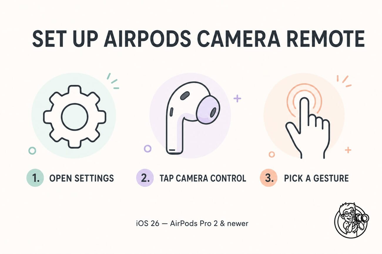 Set up AirPods Camera Remote in iOS 26: open Settings, tap Camera Control, pick a gesture