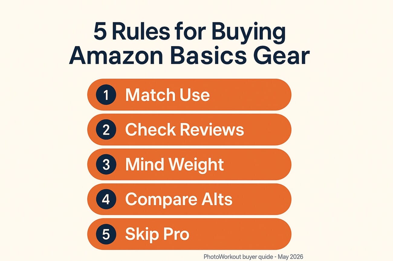 Buying guide infographic — five rules for buying Amazon Basics gear: match use, check reviews, mind weight, compare alternatives, skip pro-grade work