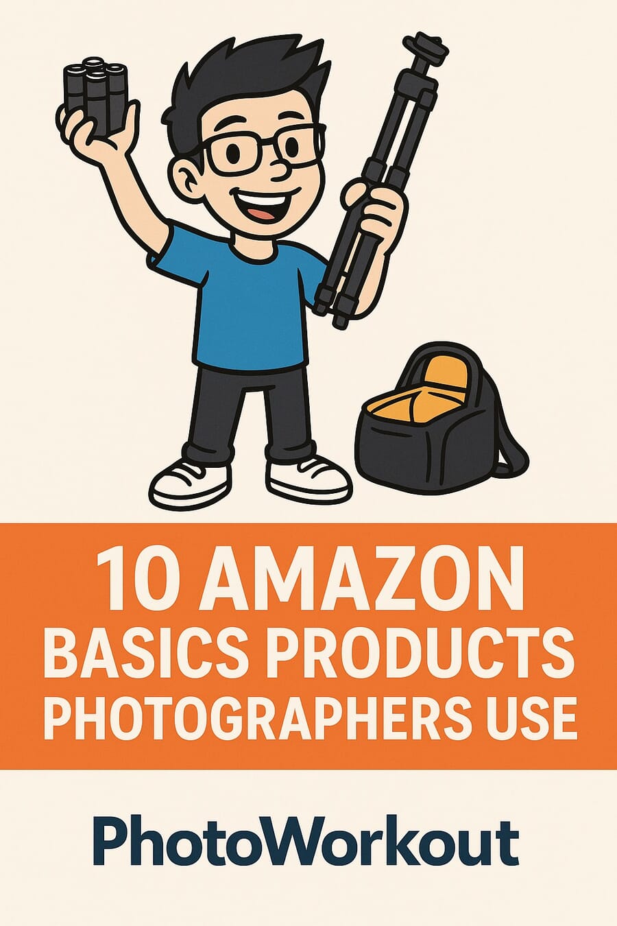 Vertical Pinterest pin — 10 Amazon Basics products photographers actually use, with PhotoWorkout mascot holding a tripod and batteries