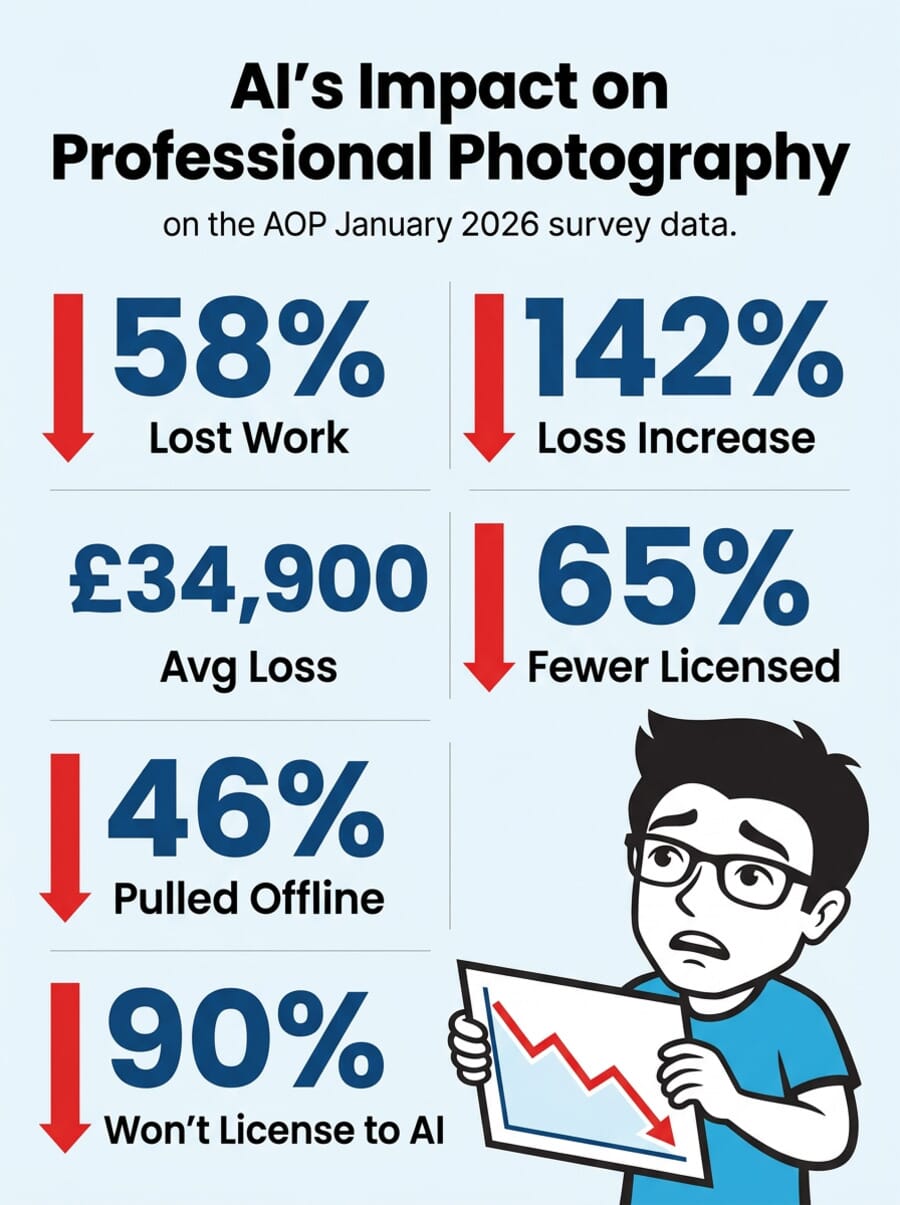 Infographic showing key statistics from the AOP January 2026 AI survey — 58% lost work, 142% loss increase, £34,900 average loss, 65% fewer licensed images, 46% pulled offline, 90% refuse to license to AI