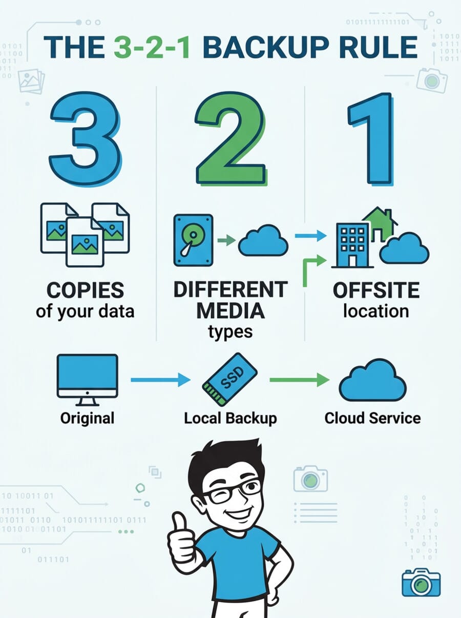 The 3-2-1 backup rule infographic - 3 copies of data, 2 different media types, 1 offsite location
