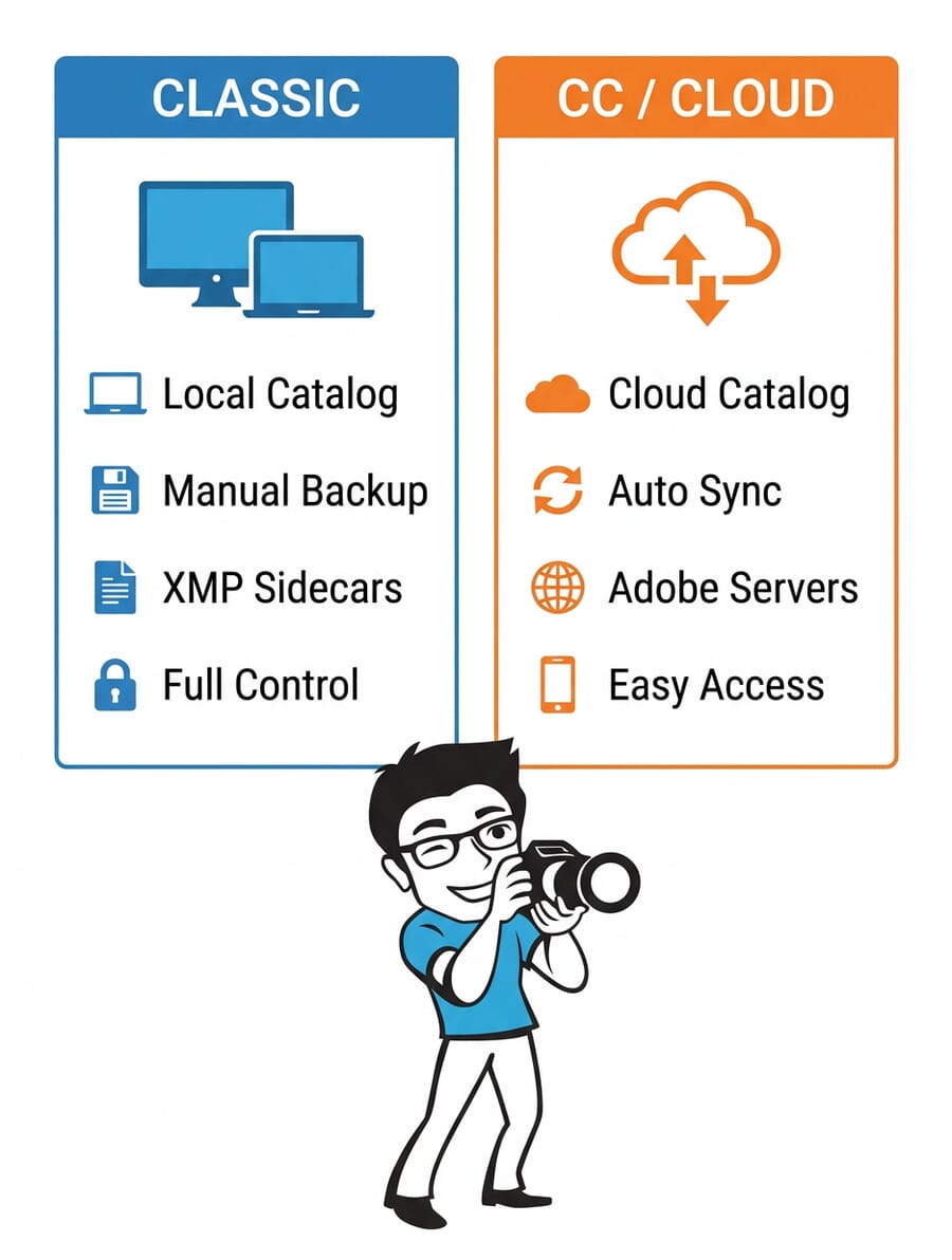 Infographic comparing Lightroom Classic vs Lightroom CC backup features