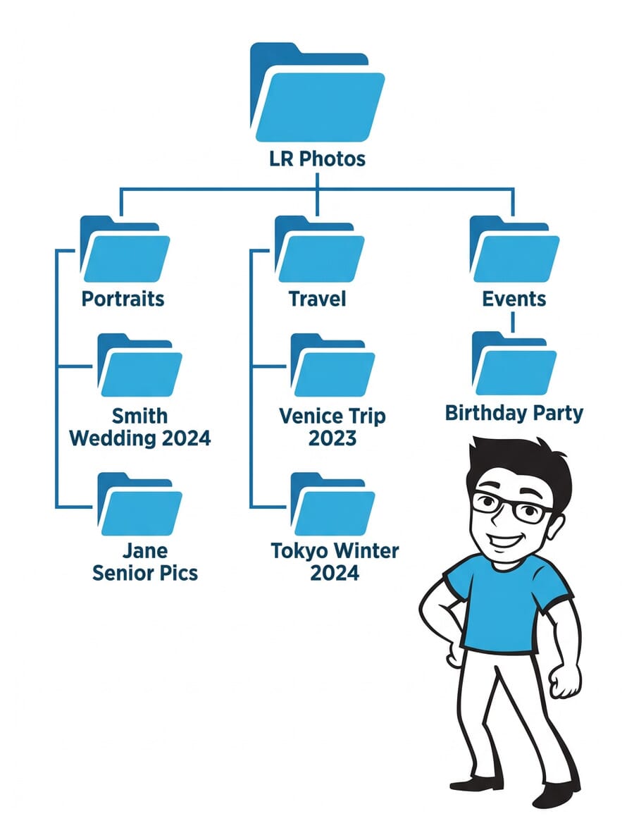 Infographic showing ideal folder structure for organizing photos in Lightroom