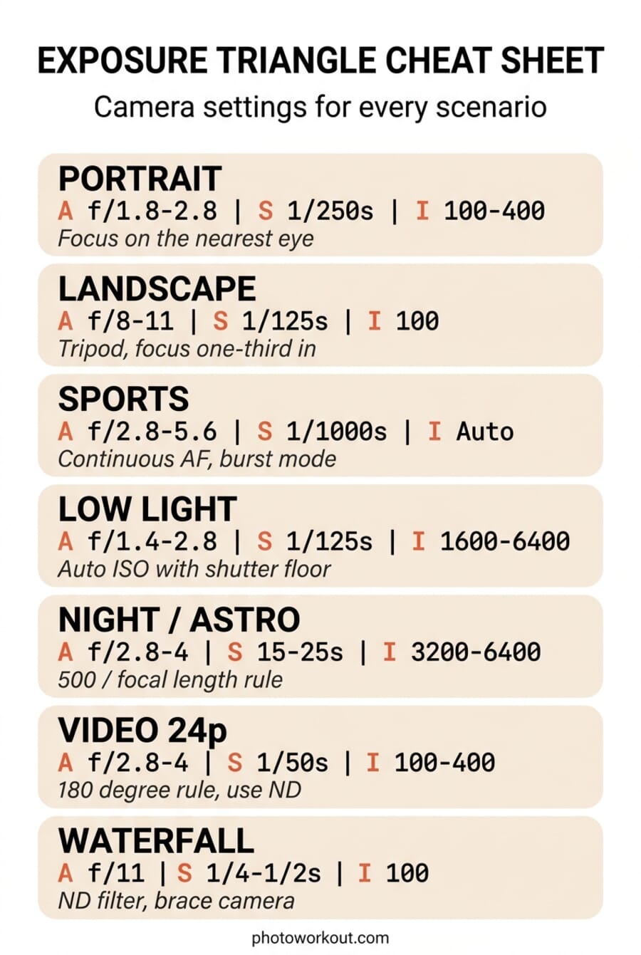 Vertical exposure triangle cheat sheet showing aperture, shutter, and ISO settings for 7 common photography scenarios