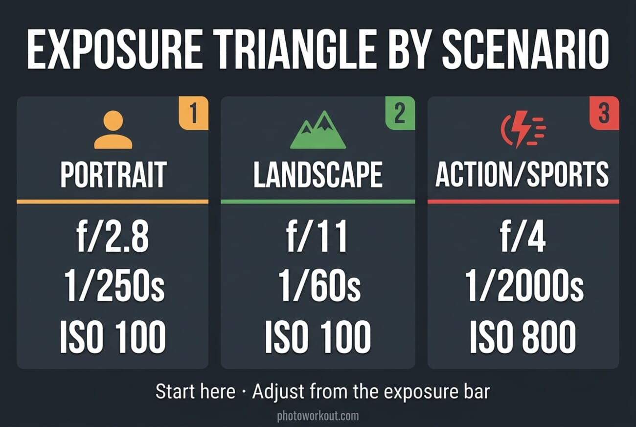 Scenario-based exposure settings for portrait, landscape, and action photography