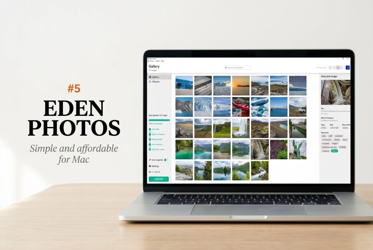 Editorial laptop mockup showing Eden Photos' gallery view on Mac, labeled #5 — Simple and affordable for Mac