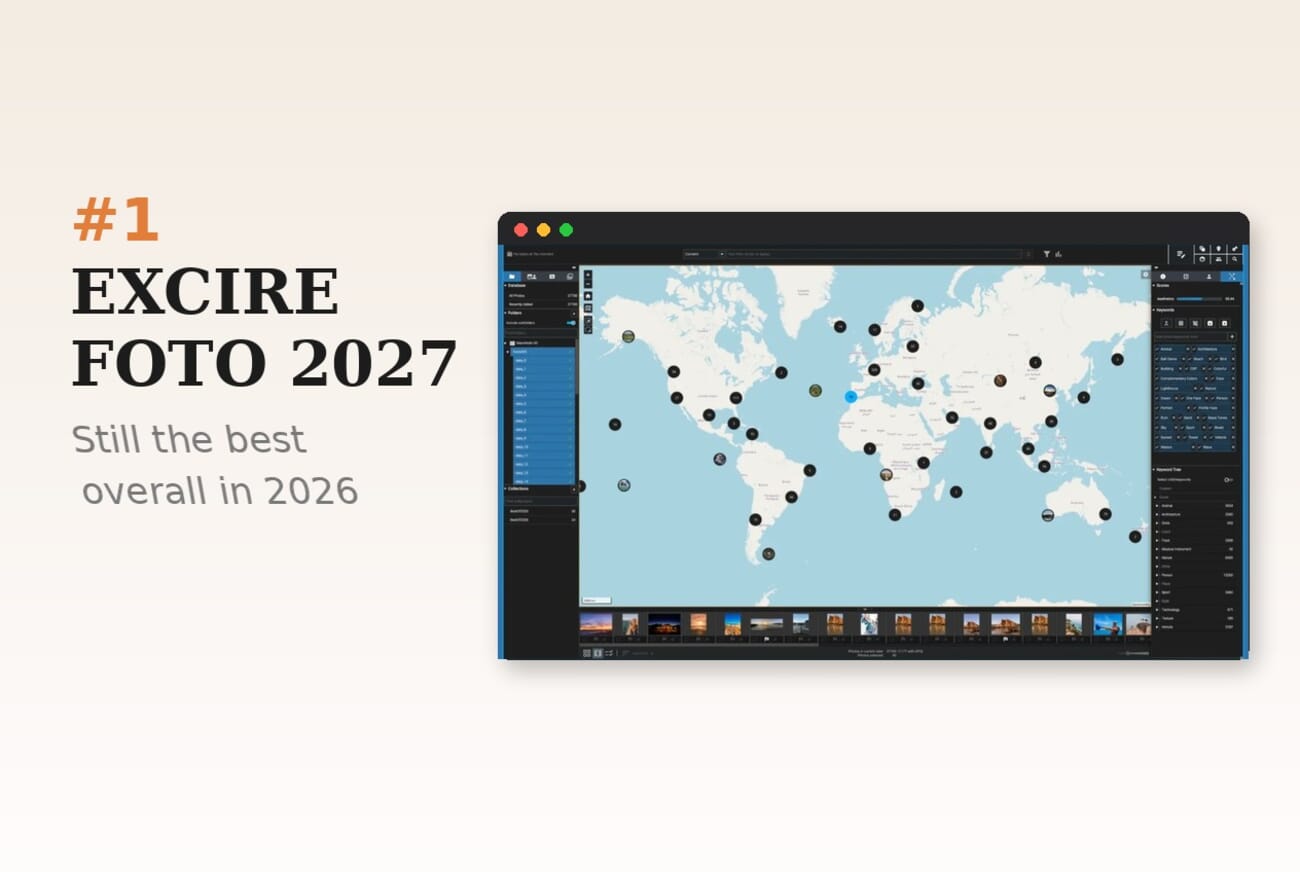 Editorial mockup of Excire Foto 2027's new Map View, plotting a geotagged photo library across a world map, labeled #1 — Still the best overall in 2026