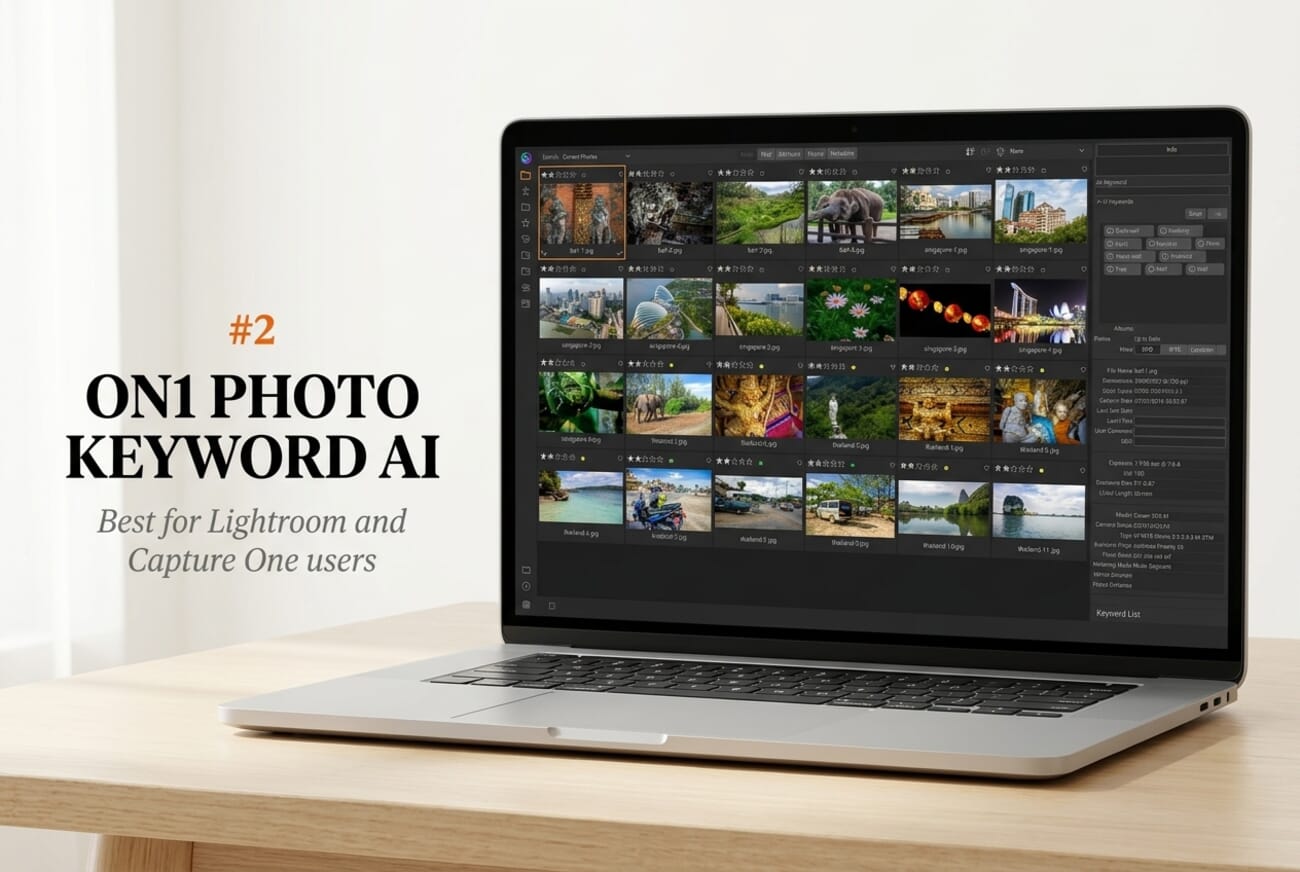 Editorial laptop mockup showing the ON1 Photo Keyword AI folder and thumbnail interface, labeled #2 — Best for Lightroom and Capture One users