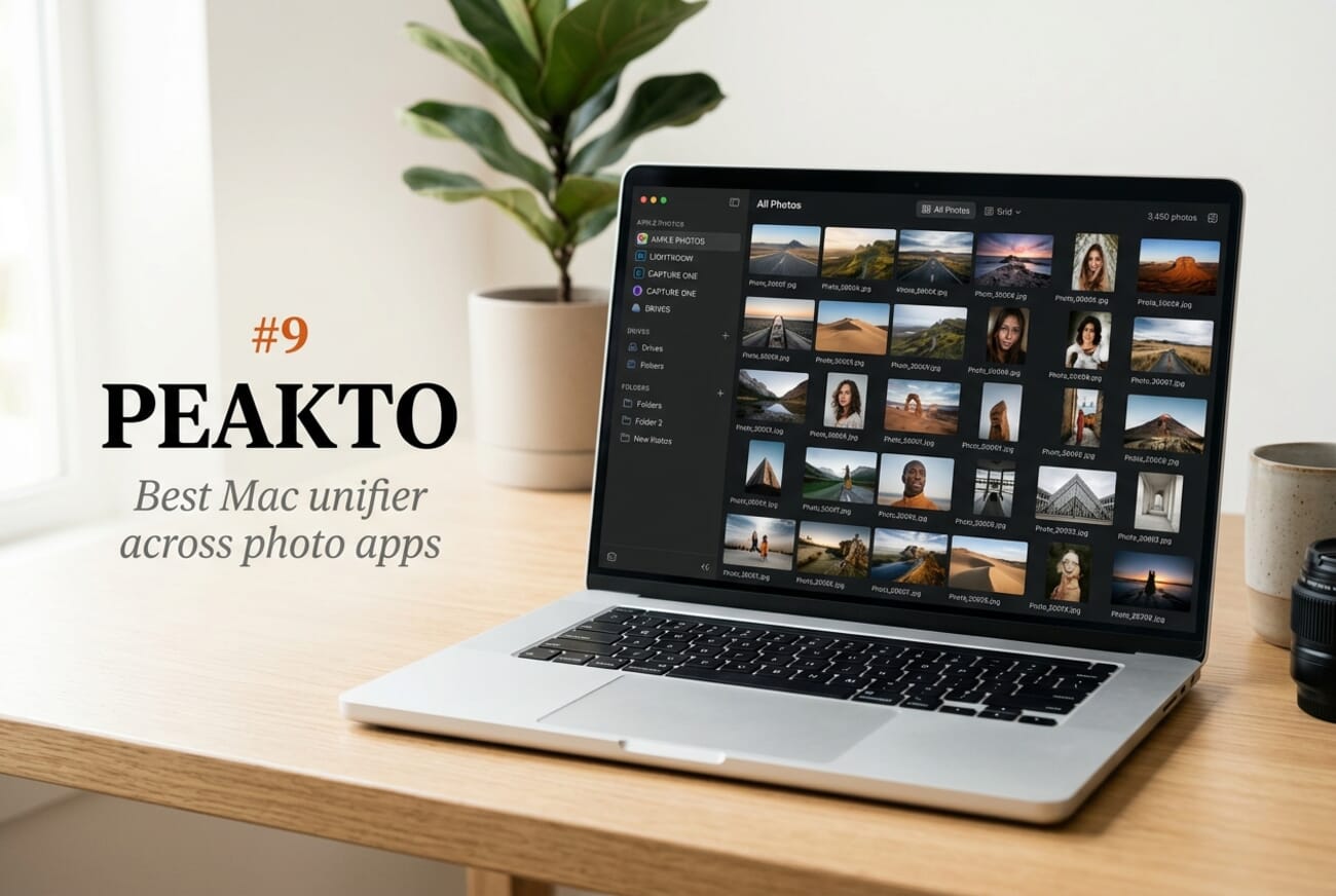 Editorial laptop mockup showing Peakto unifying Apple Photos, Lightroom, Capture One, and folder sources in a single sidebar with a unified thumbnail grid, labeled #9 — Best Mac unifier across photo apps