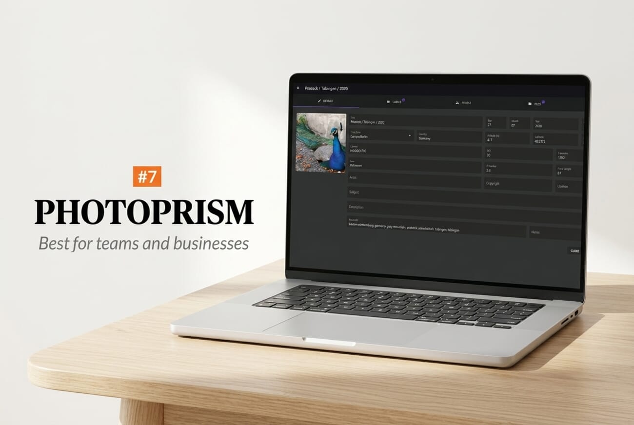 Editorial laptop mockup showing PhotoPrism's metadata editor with keyword and EXIF panels, labeled #7 — Best for teams and businesses