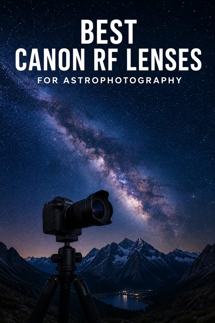 Best Canon RF lenses for astrophotography, with a Canon mirrorless camera on a tripod under the Milky Way