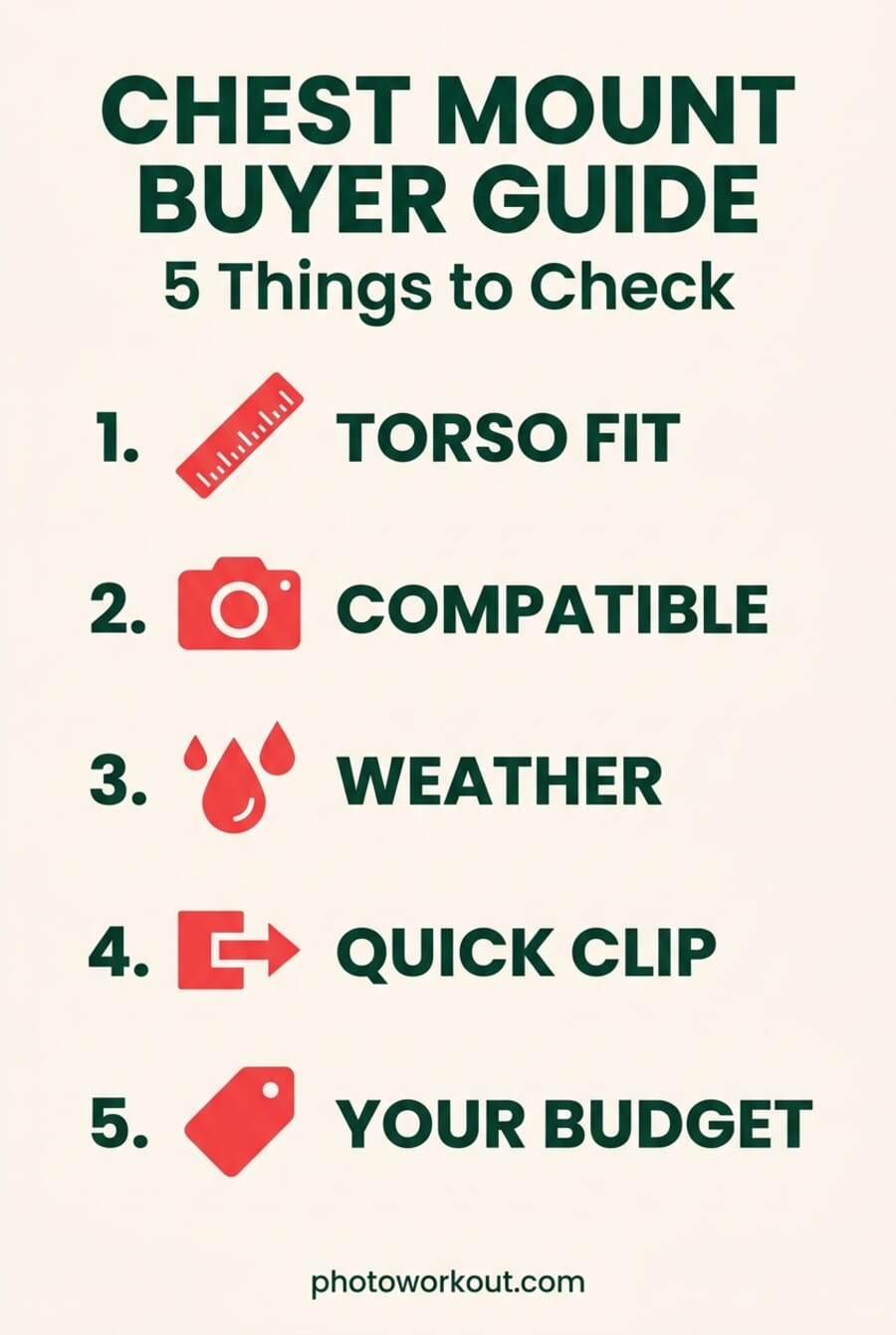 Chest mount buyer guide infographic showing 5 things to check: torso fit, camera compatibility, weather resistance, quick clip release, budget