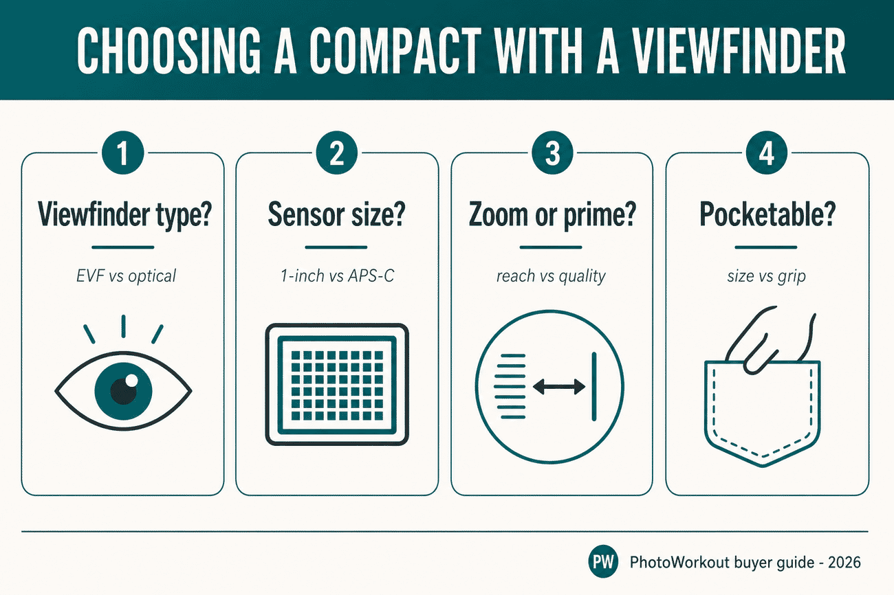 Buying-guide infographic: choosing a compact camera with a viewfinder by viewfinder type, sensor size, zoom or prime, and pocketability