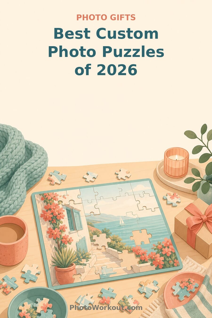 Pinterest pin: the best custom photo puzzles of 2026, a partly assembled photo jigsaw with scattered pieces