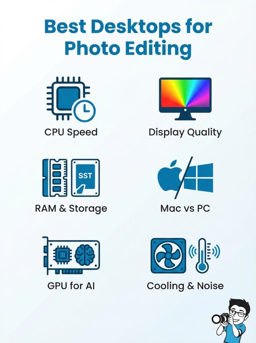 Infographic showing 6 key factors for choosing the best desktop for photo editing: CPU speed, RAM and storage, GPU for AI, display quality, Mac vs PC, and cooling