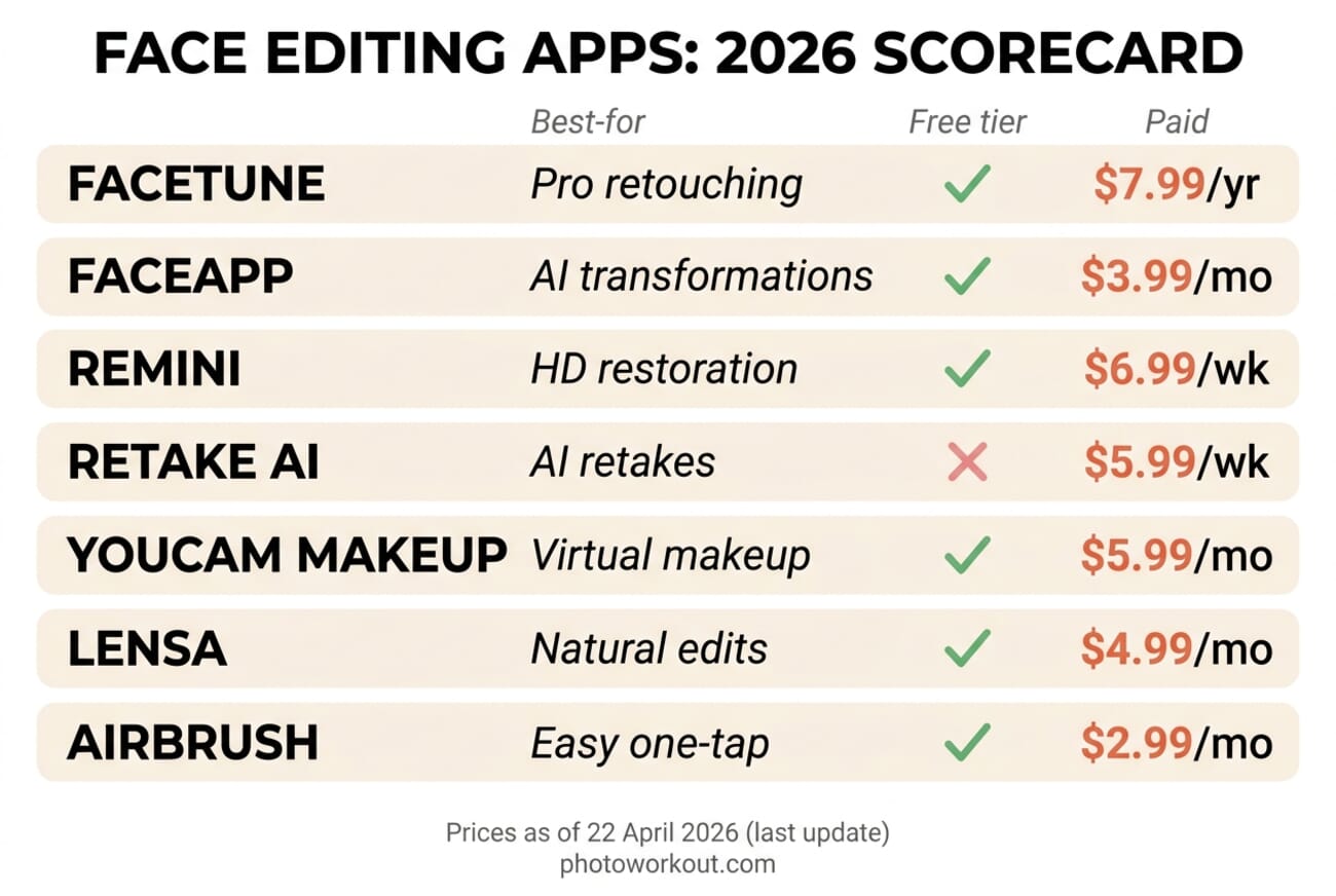 2026 scorecard comparing seven face editing apps with free tier availability and paid pricing for each