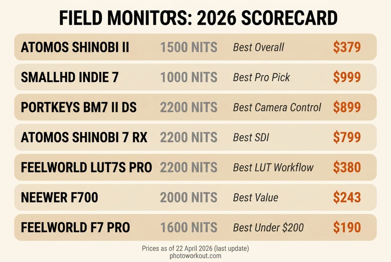 2026 scorecard comparing seven field monitors with brightness (nits), best-for category, and current US price