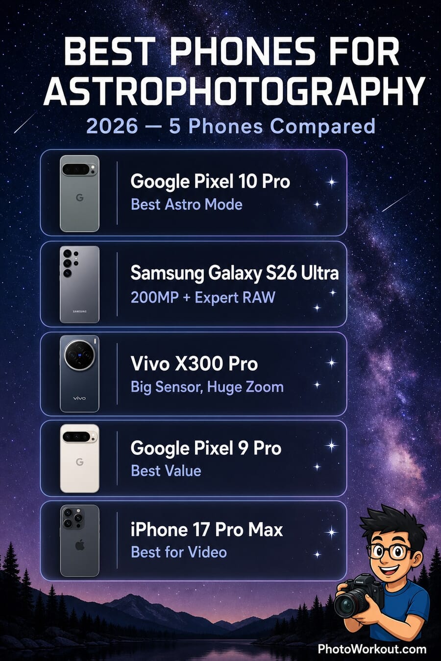 Best phones for astrophotography 2026 comparison: Pixel 10 Pro, Galaxy S26 Ultra, Vivo X300 Pro, Pixel 9 Pro, iPhone 17 Pro Max