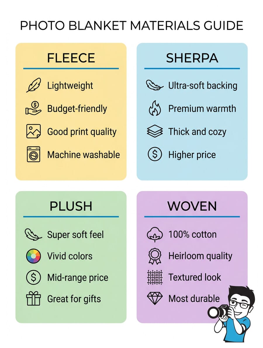 Infographic comparing photo blanket materials: fleece, sherpa, plush, and woven cotton
