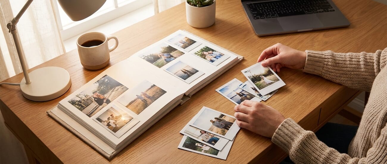 Photo book creation process showing open photo books with printed photographs on a wooden desk