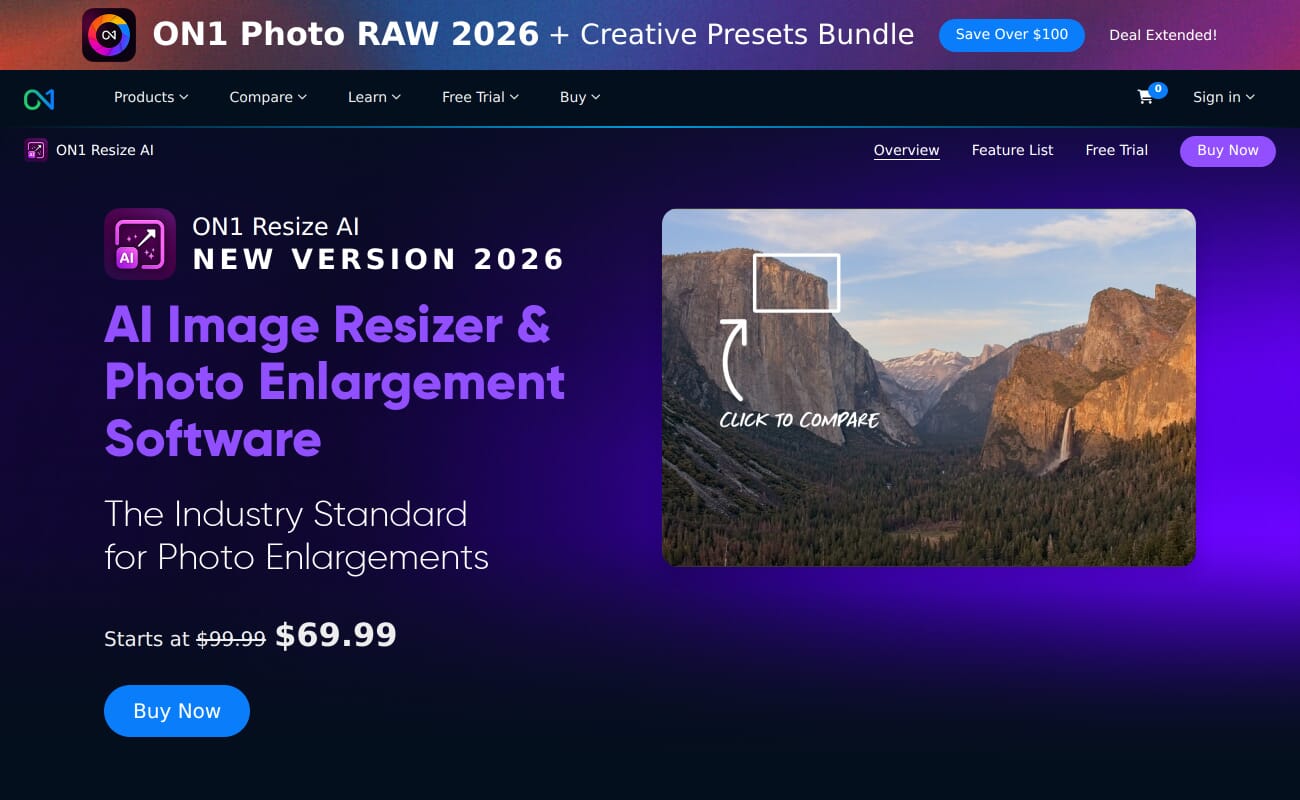 ON1 Resize AI interface with print-focused upscaling tools