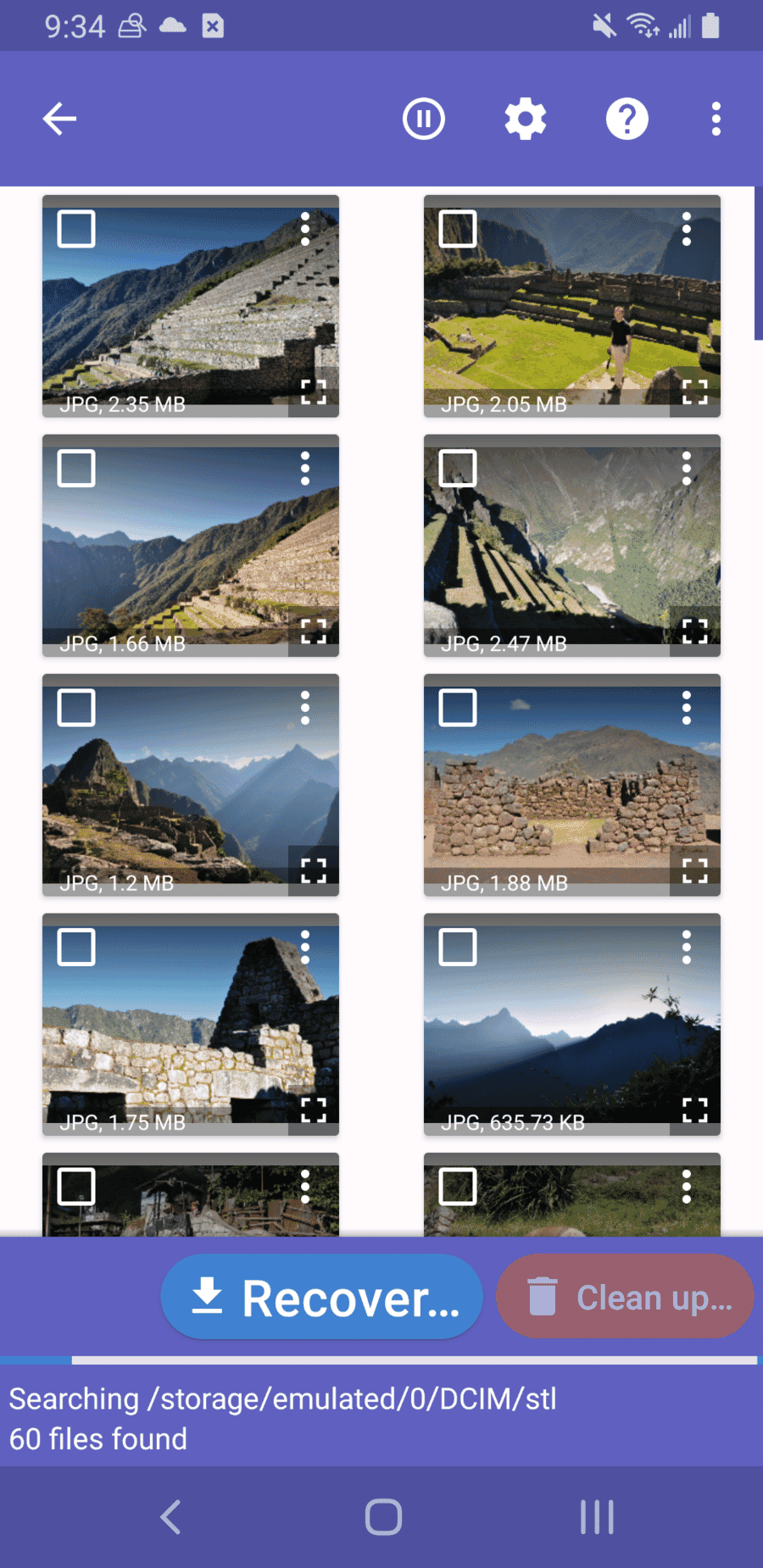 DiskDigger Photo Recovery showing scan in progress with thumbnails of recovered images found in internal storage