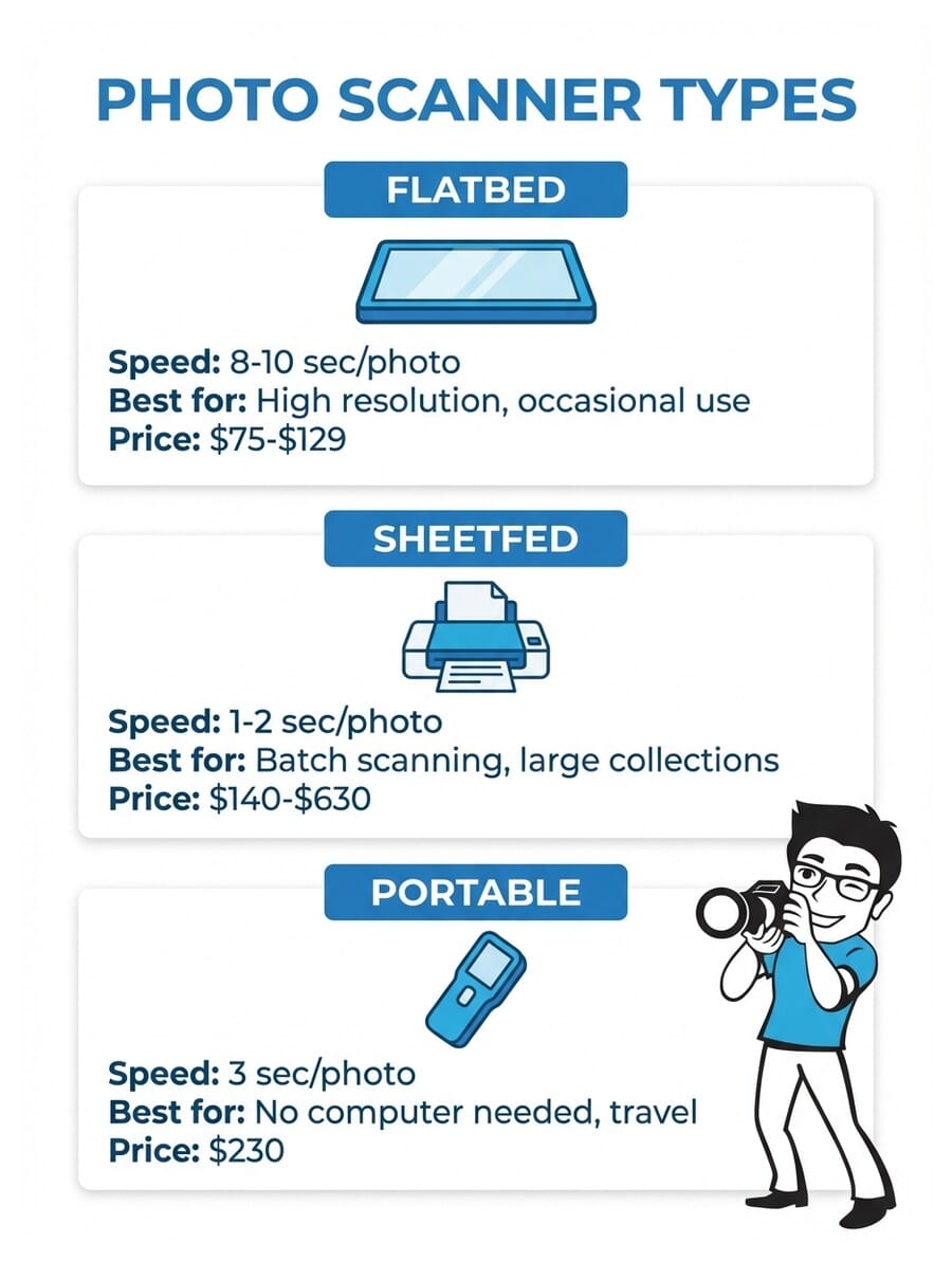 Infographic comparing flatbed, sheetfed, and portable photo scanner types with speed, price, and best use cases